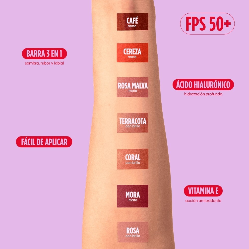 BARRA 3 EN 1 RUBOR, LABIAL Y SOMBRA FPS 50+ (BARRA MULTIUSOS CON PROTECTOR)